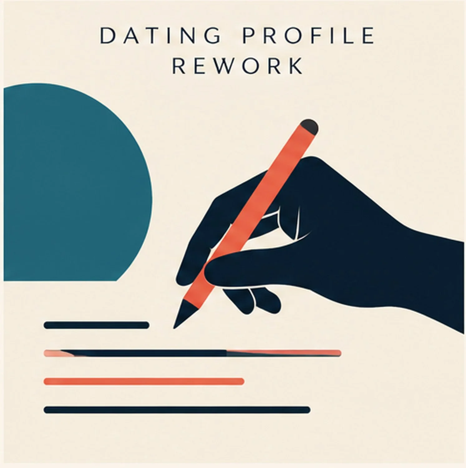 Cover page for 'Dating Profile Rework' with a minimalist illustration of a hand holding a red pen, a blue circle, and horizontal lines in black, red, and pink.