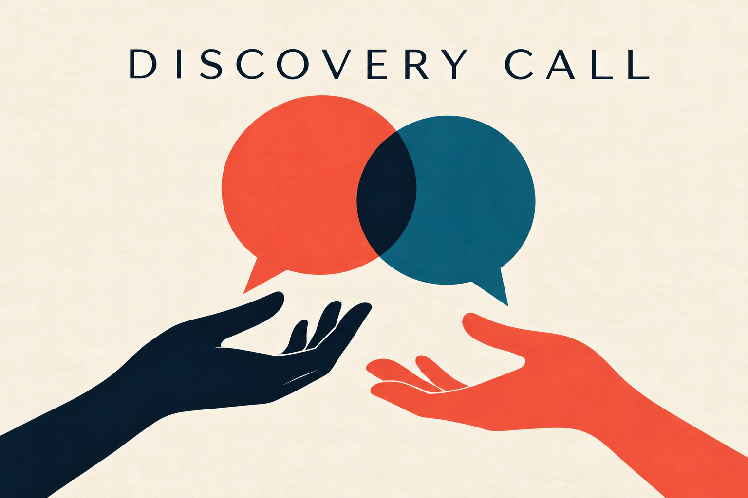 Two hands reaching towards each other with speech bubbles, one red and one blue, overlapping, above the text 'Discovery Call'.