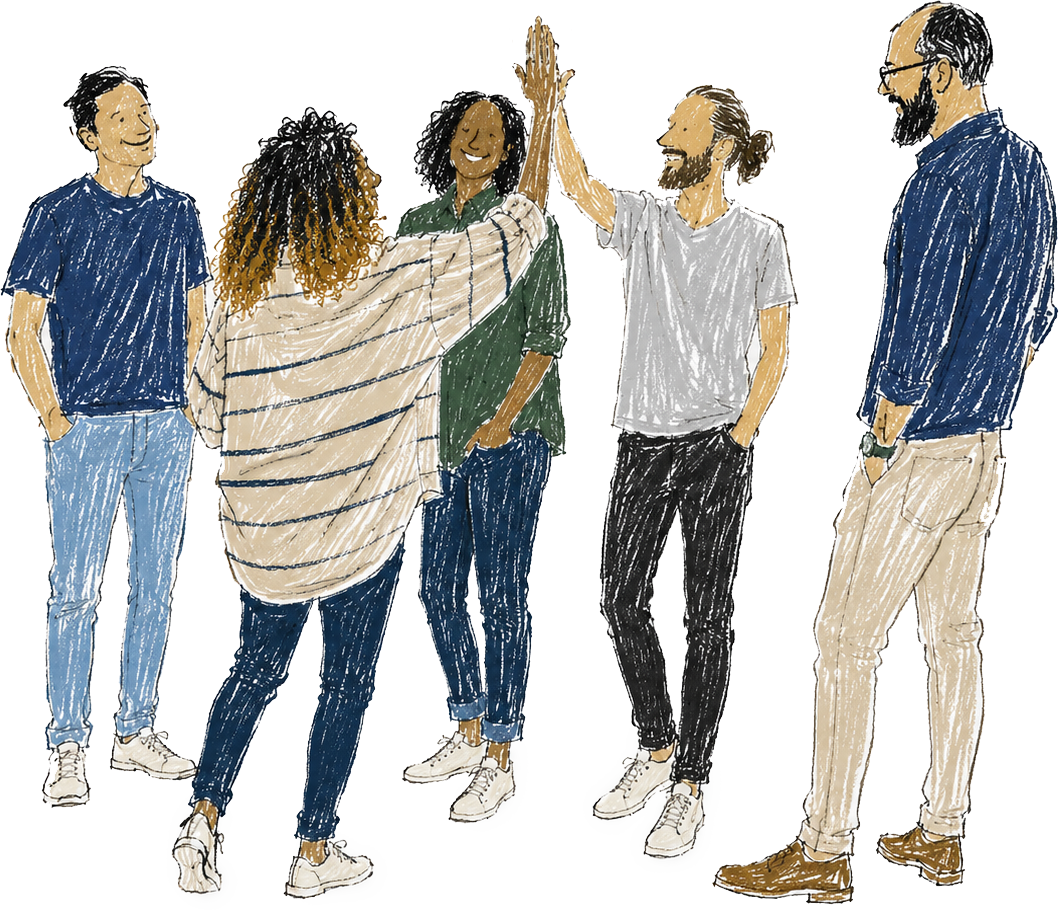 A diverse group of therapists standing together, smiling, engaging in a high-five, and enjoying each other's company.