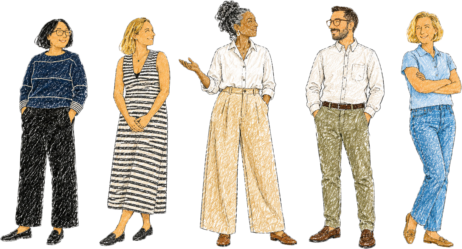 Illustration of five diverse adults standing and engaging in conversation, dressed in casual attire.