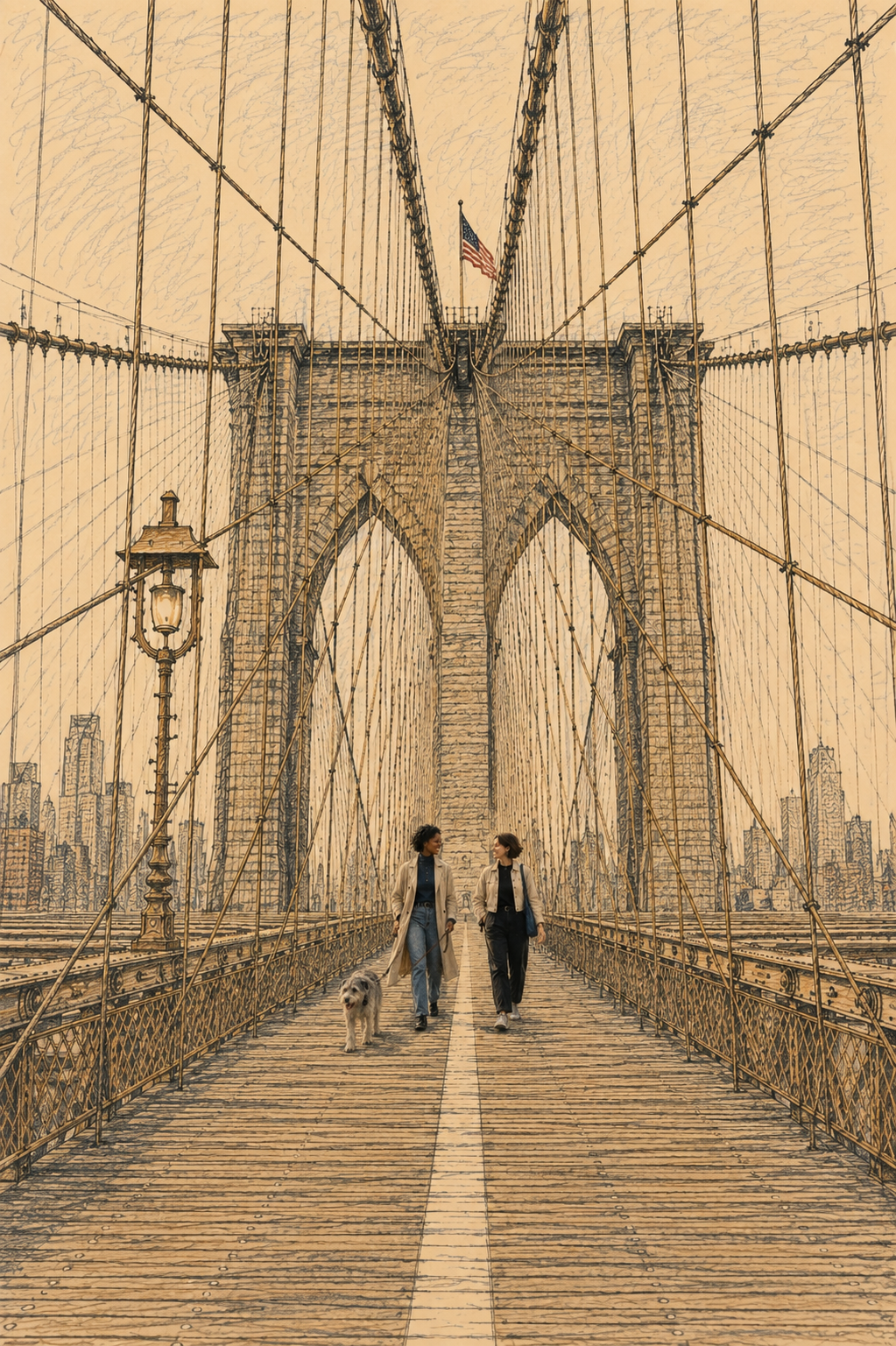 Illustration of the Brooklyn Bridge with two women walking a dog on the pedestrian walkway, city skyline in the background, and American flag atop the bridge.