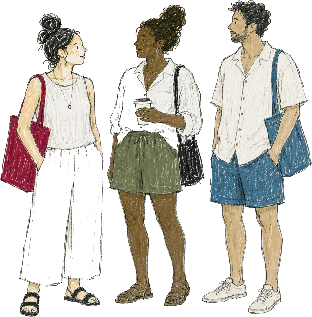 Three people standing and talking together, dressed in casual summer clothing, carrying bags and one holding a beverage, in a relaxed outdoor setting.