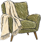 Green therapy armchair with a beige throw blanket draped over one armrest.