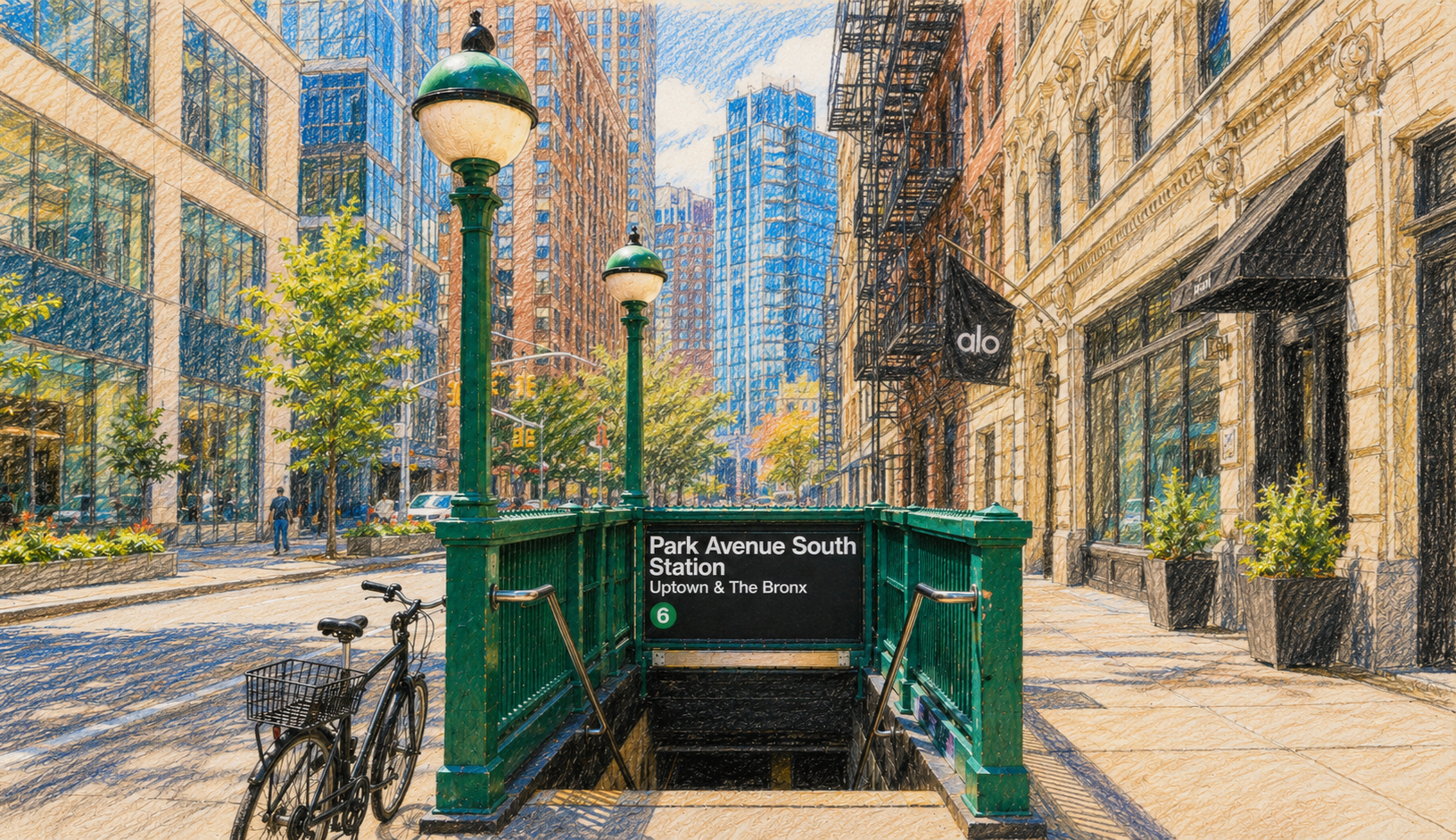 An illustrated view of a city street with a subway entrance for Park Avenue South Station, Uptown & The Bronx, with surrounding buildings, trees, lampposts, and a bicycle parked outside.