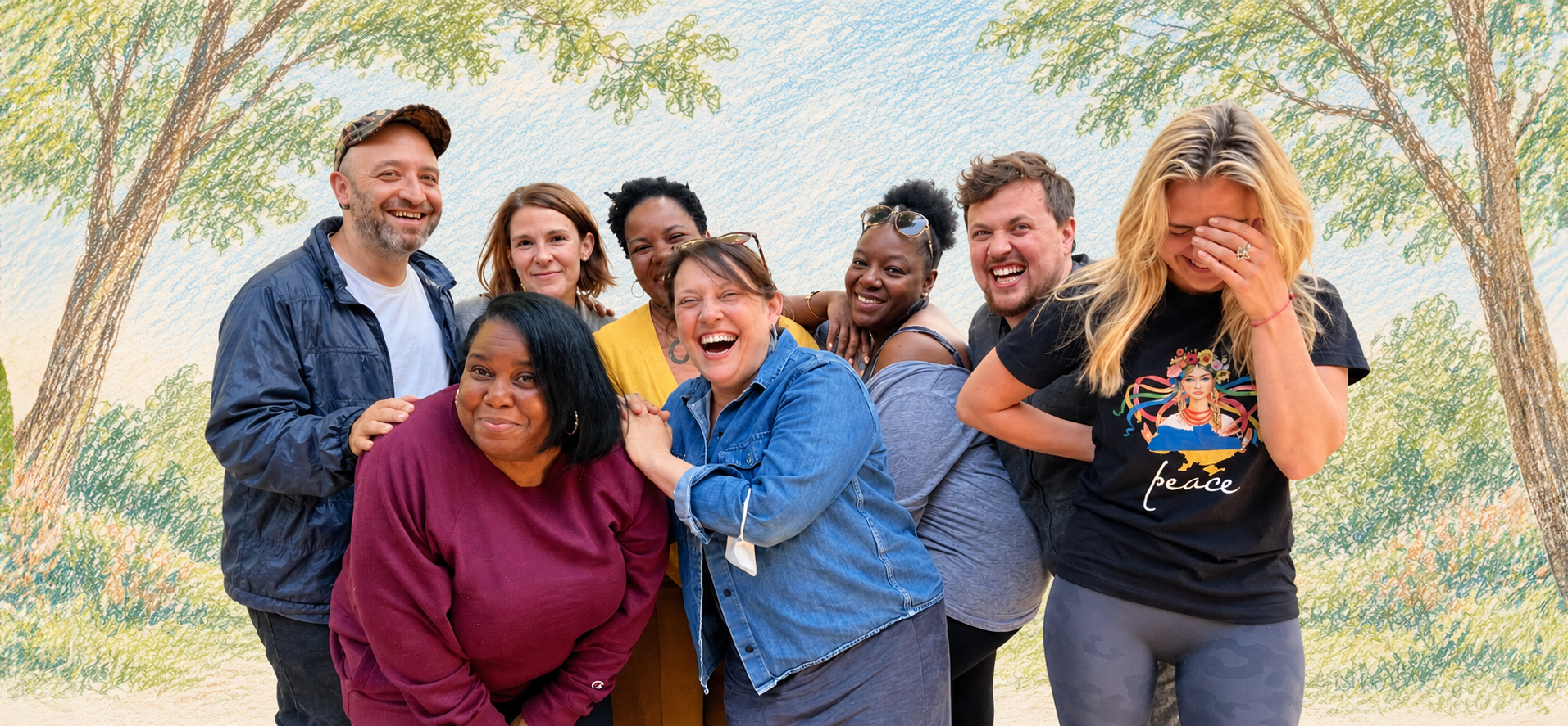 A diverse group of nine people smiling and laughing outdoors against a backdrop of illustrated trees.