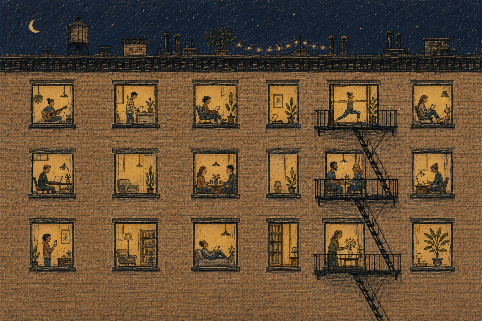 Illustration of the exterior of an apartment building at night with illuminated windows showing people inside engaging in various activities like reading, working on a laptop, practicing yoga, playing guitar, and watering plants. The building has a brick facade, a fire escape, and a view of the moon and starry sky.