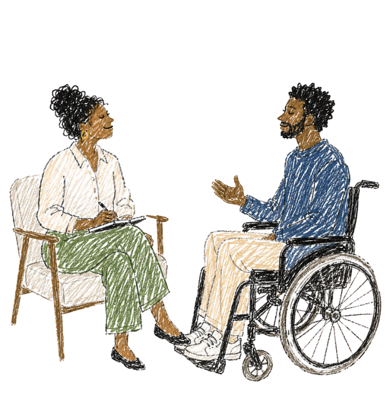 Illustration of a woman conducting an interview with a man in a wheelchair, with a notepad and pen in hand.