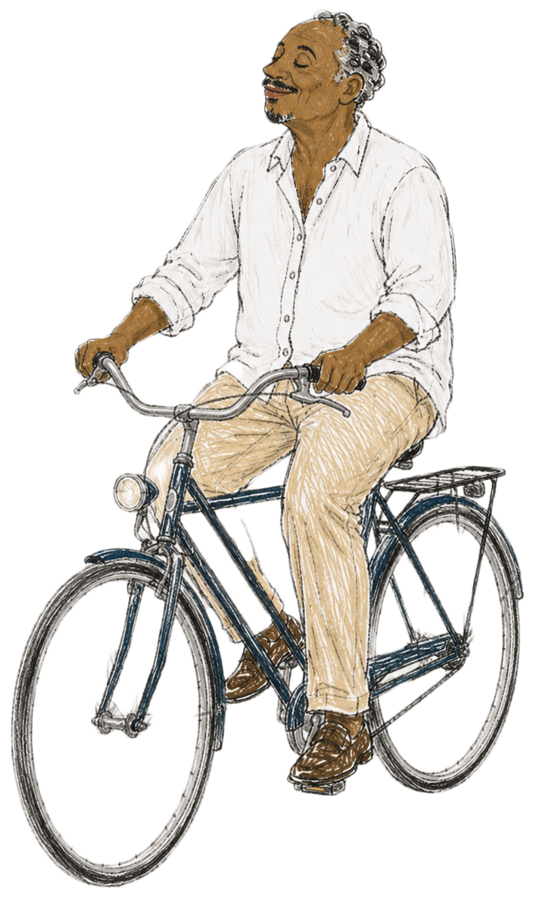 An older man with gray curly hair riding a bicycle with a rear rack, wearing a white button-up shirt, tan pants, and brown shoes, smiling with eyes closed.