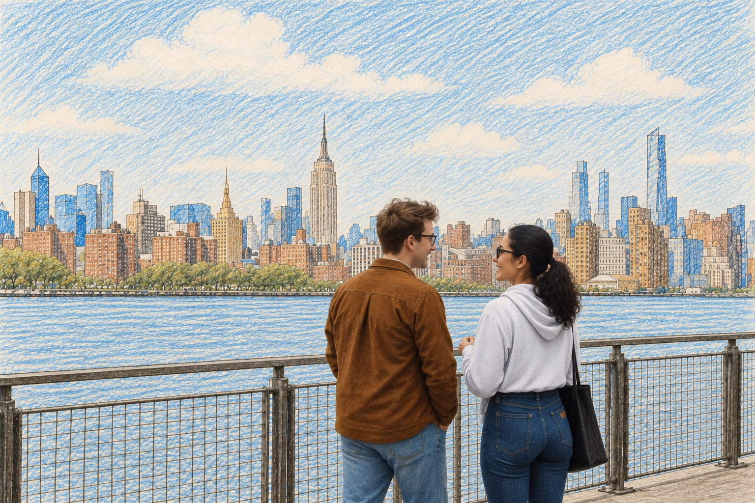 A man and woman wearing glasses stand by a waterfront, facing each other and smiling, with a city skyline including tall skyscrapers and the Empire State Building in the background.