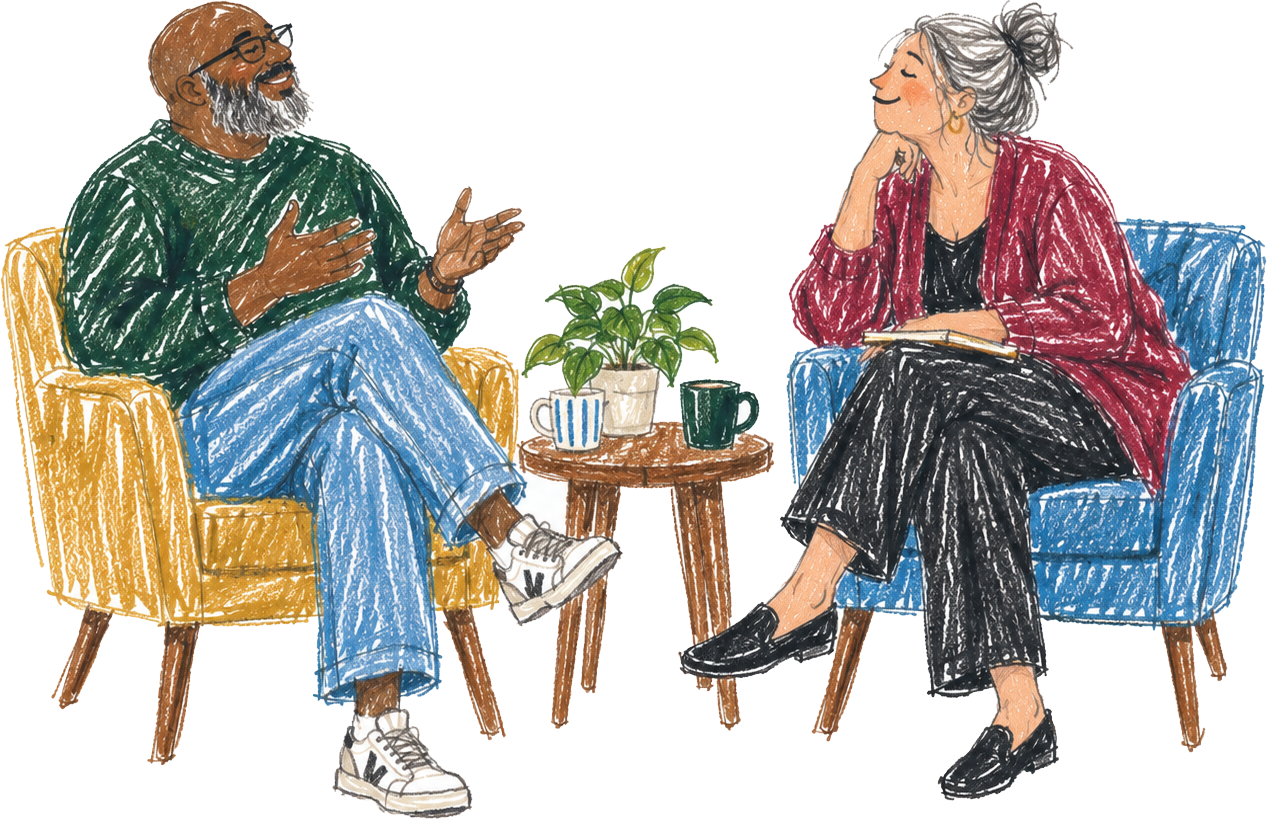 An illustration of a therapist and client having a conversation in a cozy indoor setting.