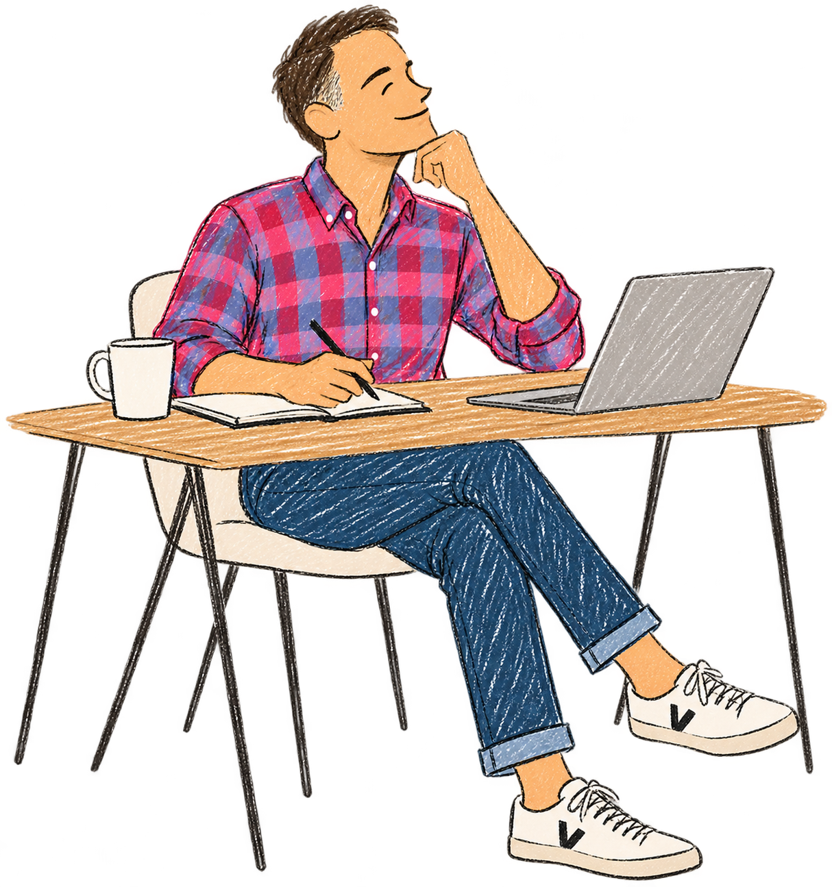 A person sitting at a wooden desk, looking thoughtfully while writing in a notebook, with a laptop and a mug nearby.