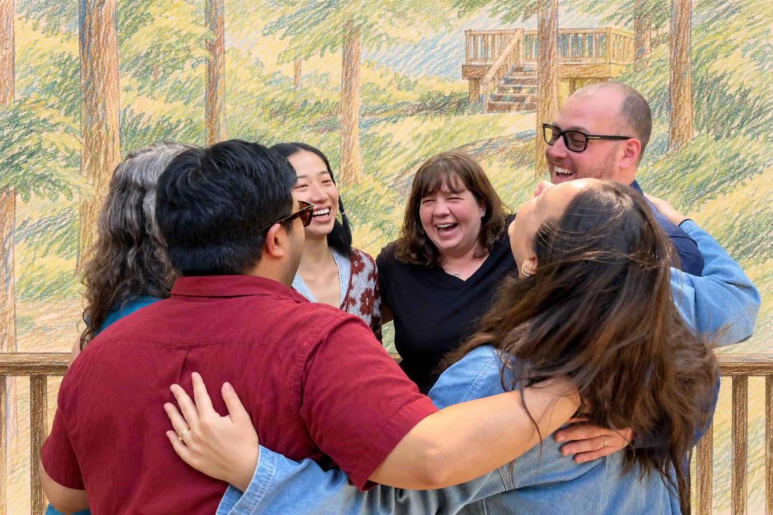 Group of six diverse adults hugging and laughing together in front of a nature-themed mural background.