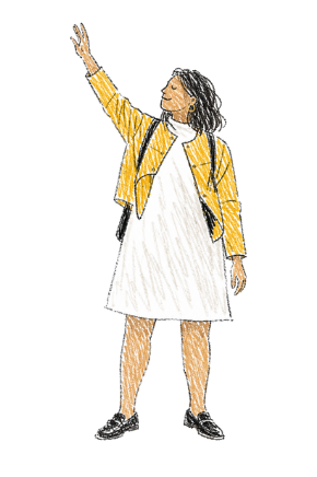 A woman with curly hair wearing a white dress, yellow jacket, and black shoes, waving with her right hand.