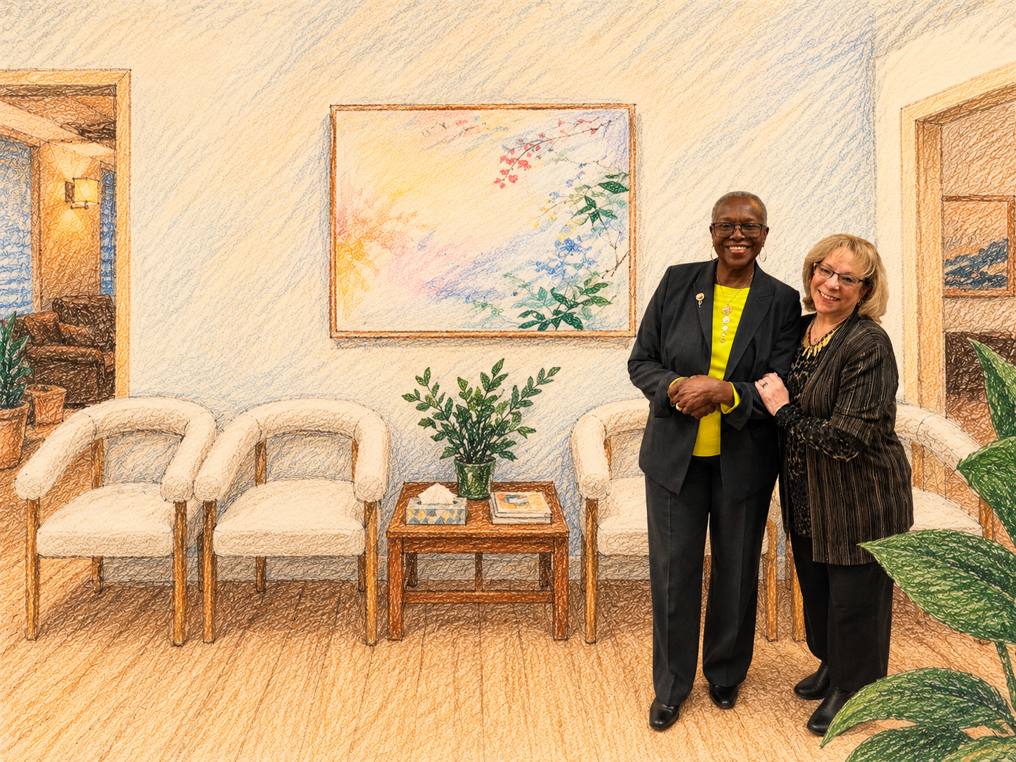 Two women smiling and holding hands in a waiting room with cream-colored chairs, a wooden table with plants and books, framed artwork, and potted plants.