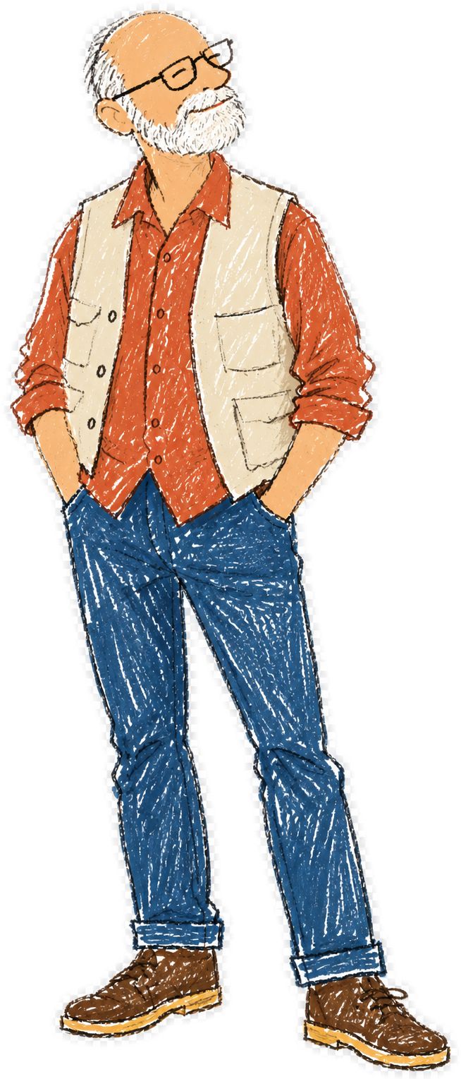 Illustration of an older man with glasses and a beard, wearing a beige vest over a rust-colored shirt, blue jeans, and brown shoes, with hands in pockets and looking to the side.