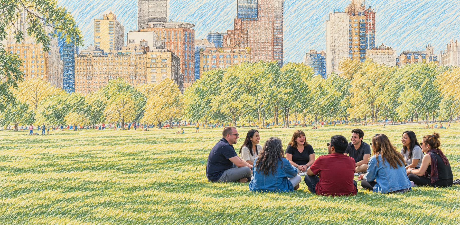 A group of people sitting on grass in a park, talking and laughing, with trees and city buildings in the background.