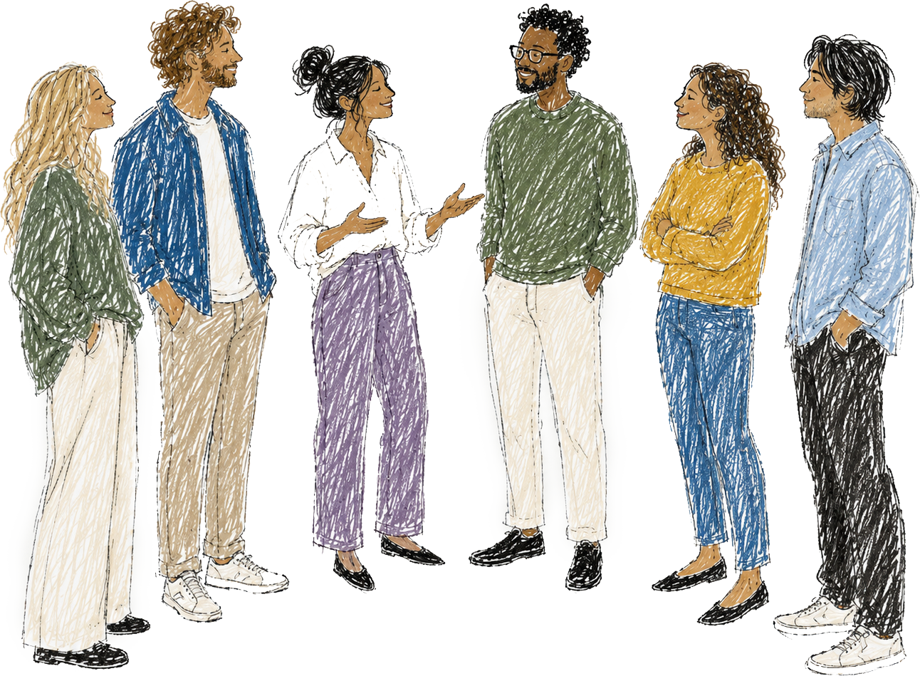 Group of six diverse young adults standing and talking in a casual setting, engaged in conversation.