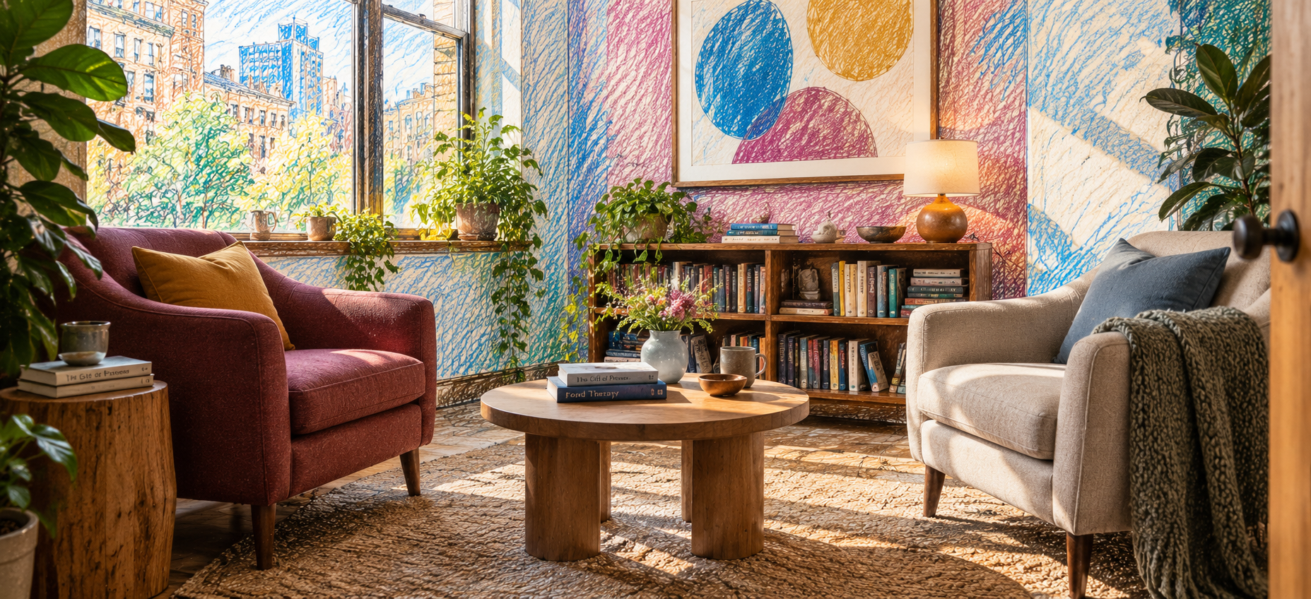 Cozy therapy room with colorful, abstract window art, a pink armchair, gray sofa with cushions, wooden coffee table with books and flower vase, wooden bookshelf with books, potted plants, and warm lighting.