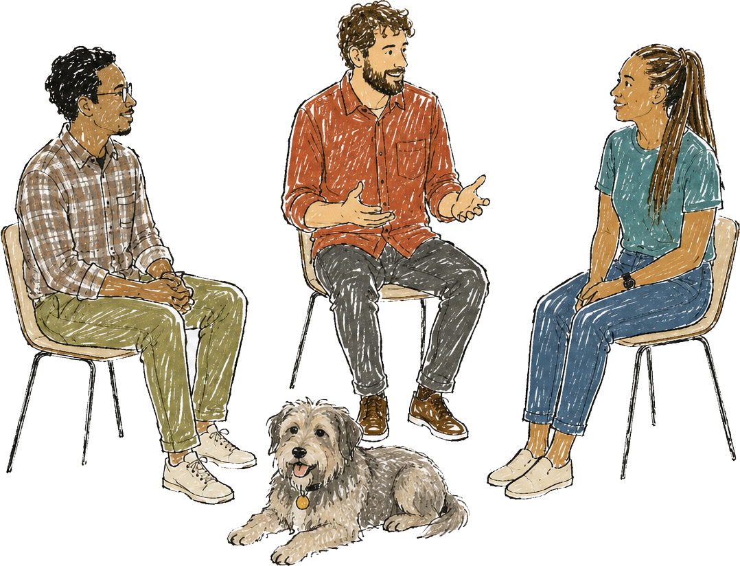 Three people sitting on chairs practicing gestalt therapy, with a dog lying on the floor in front of them.