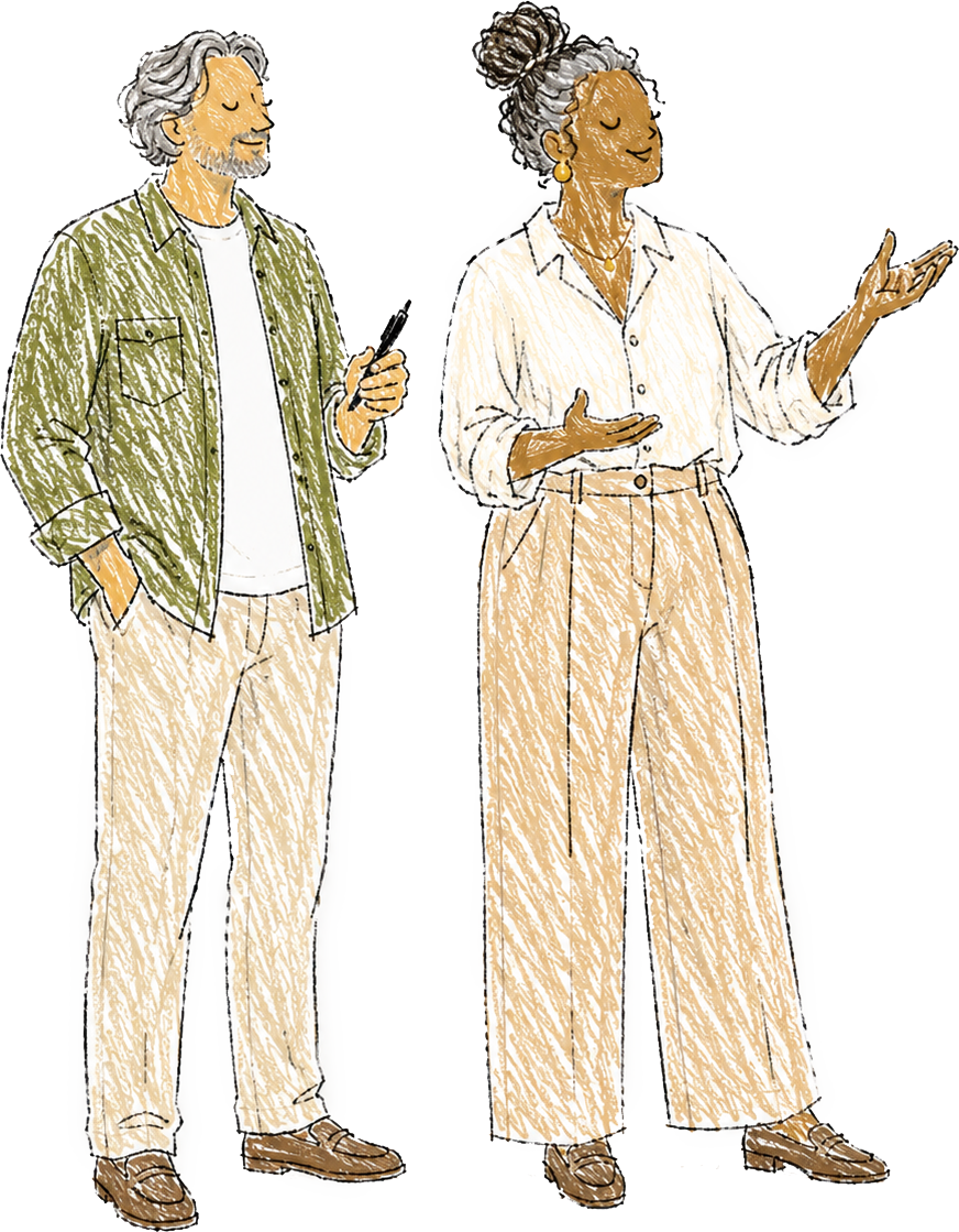 An illustration of a man and a woman standing side by side. The man has gray hair, a beard, and is looking at his phone, while the woman has gray hair tied in a bun and is gesturing with her hands. Both are dressed casually, with the man in a green jacket over a white shirt and light pants, and the woman in a light-colored blouse and wide-leg pants.