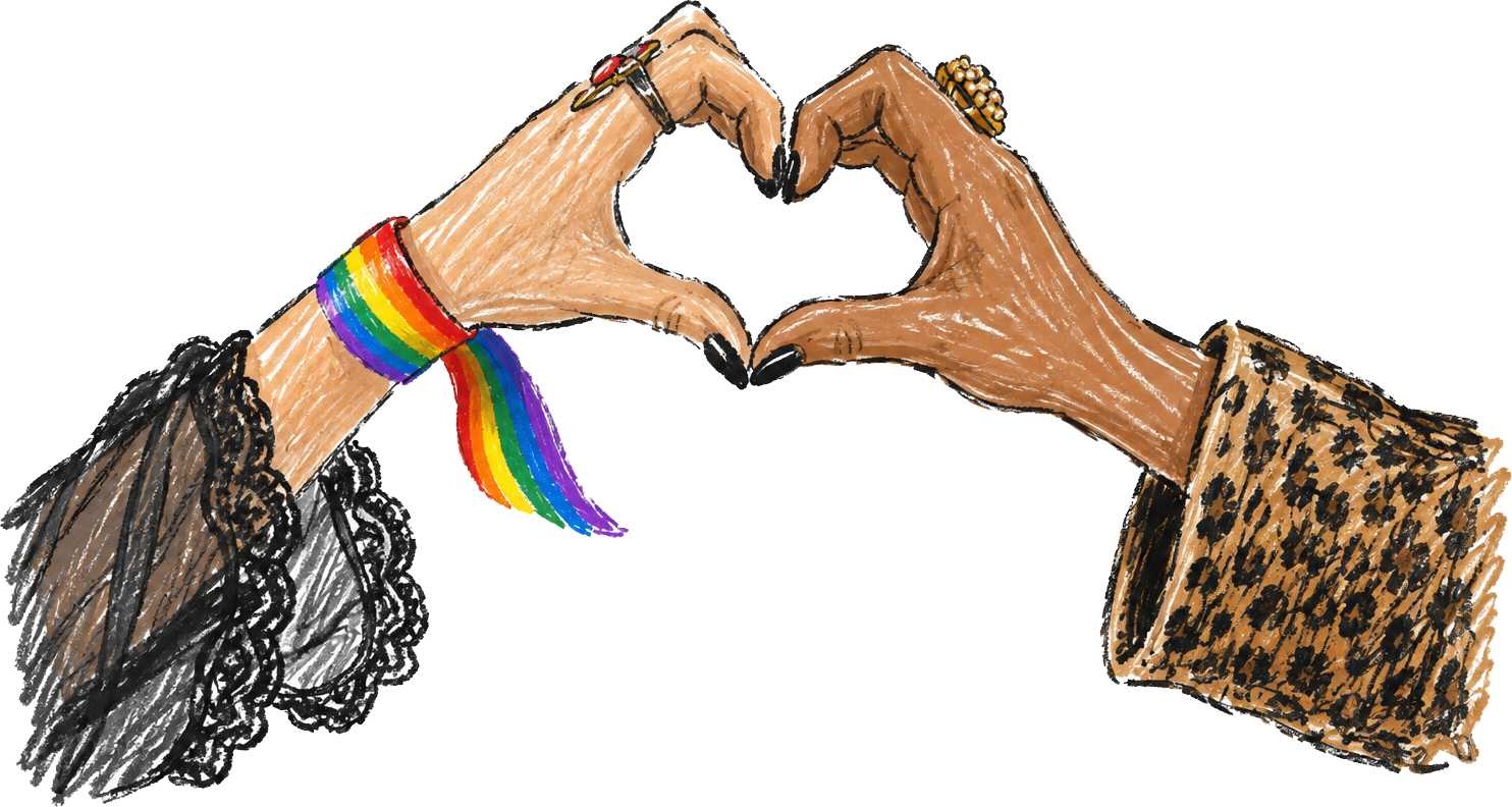 Two hands forming a heart shape, one wearing rainbow bracelet and black lace clothing, the other with floral jacket and gold ring, symbolizing LGBTQ+ pride.