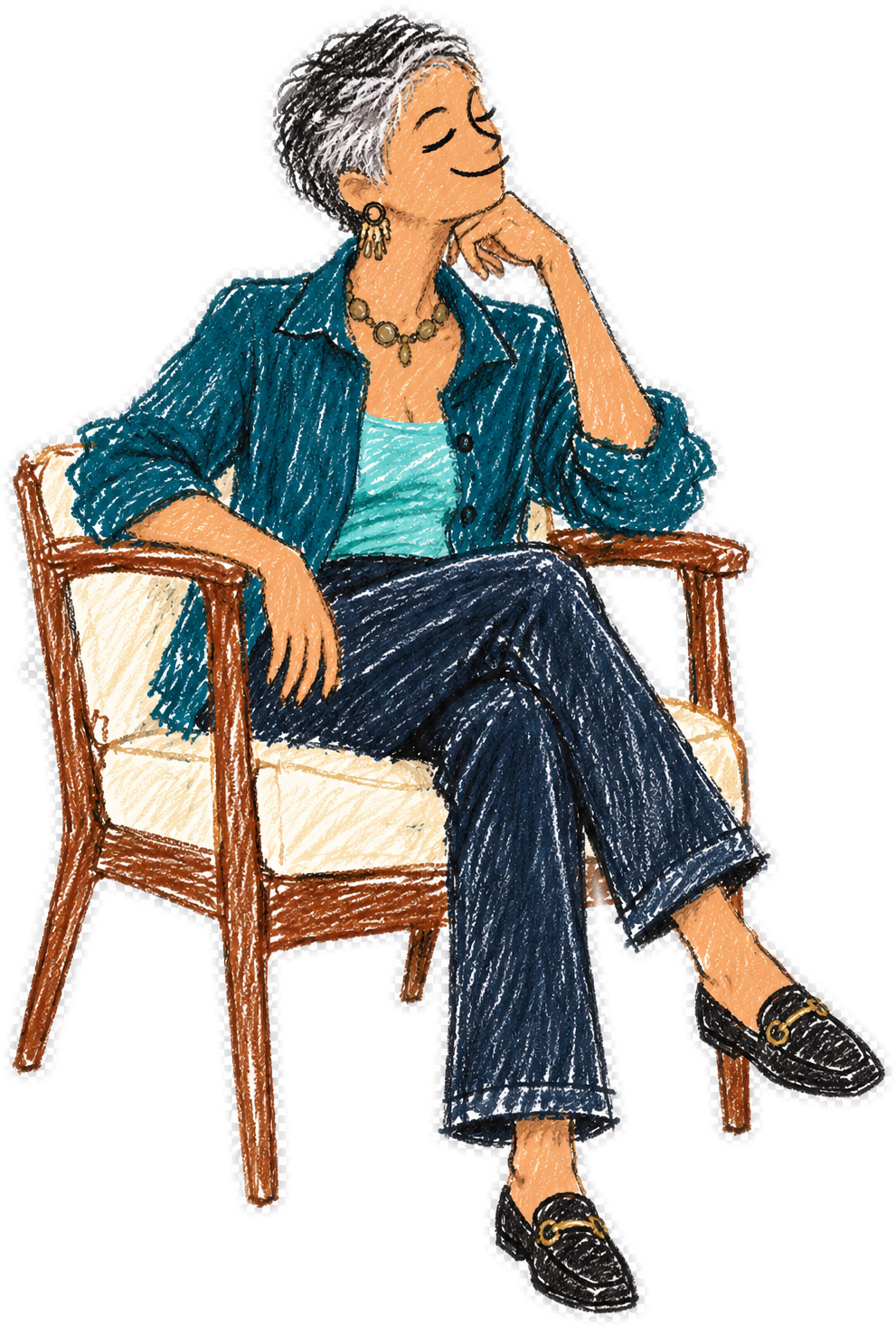 Drawing of a woman with short gray hair sitting in a wooden chair with cream upholstery. She is wearing a blue pinstripe jacket, a light blue top, matching pinstripe pants, and black loafers. She is accessorized with gold earrings and a necklace, with a relaxed expression and eyes closed.