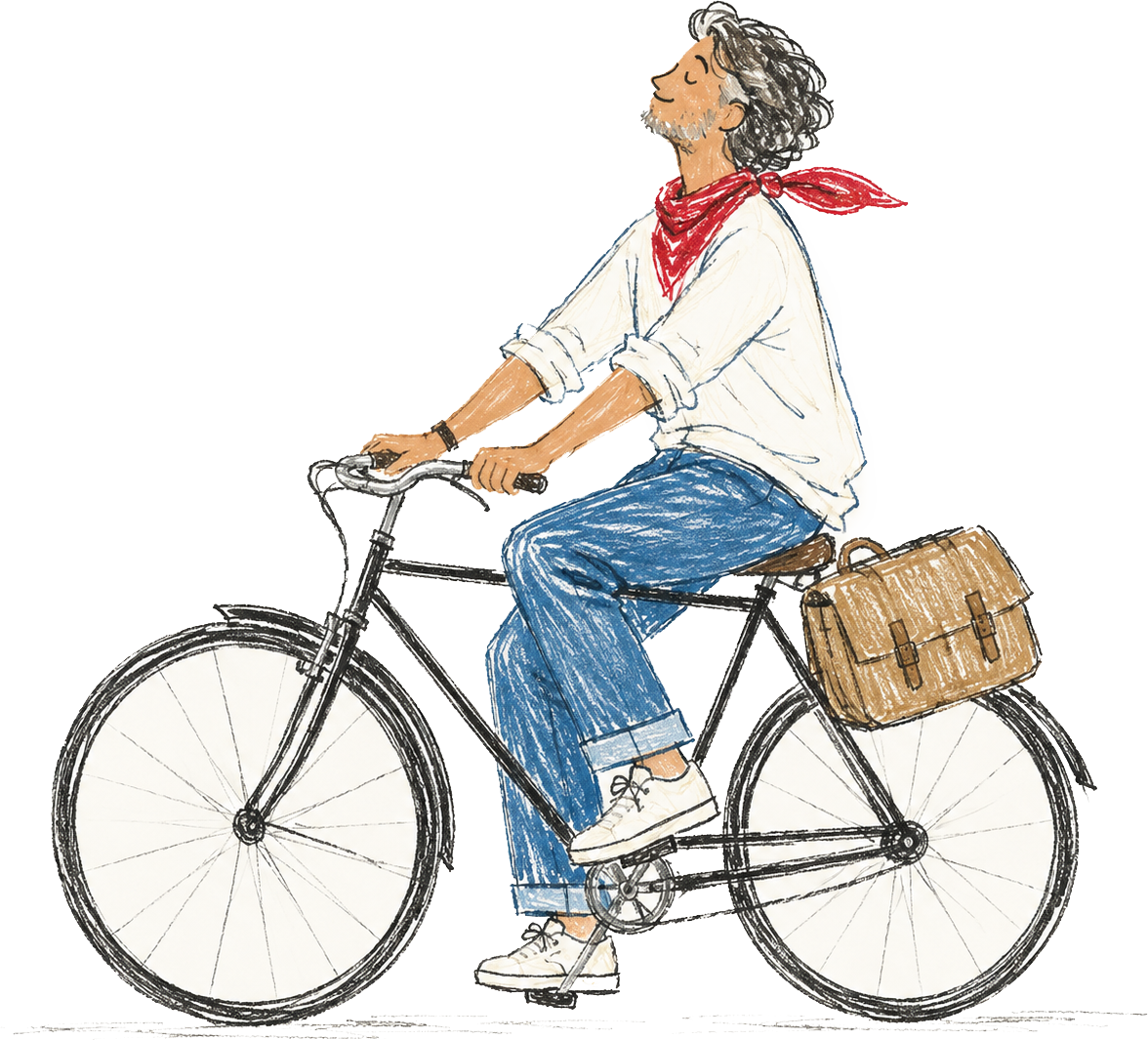 A person with gray hair riding a bicycle, wearing a white shirt, blue jeans, white shoes, a red bandana, and a smartwatch, with a brown satchel bag attached to the bike.