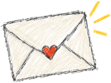 Hand-drawn illustration of an envelope with a heart seal and three yellow lines indicating emphasis or excitement.