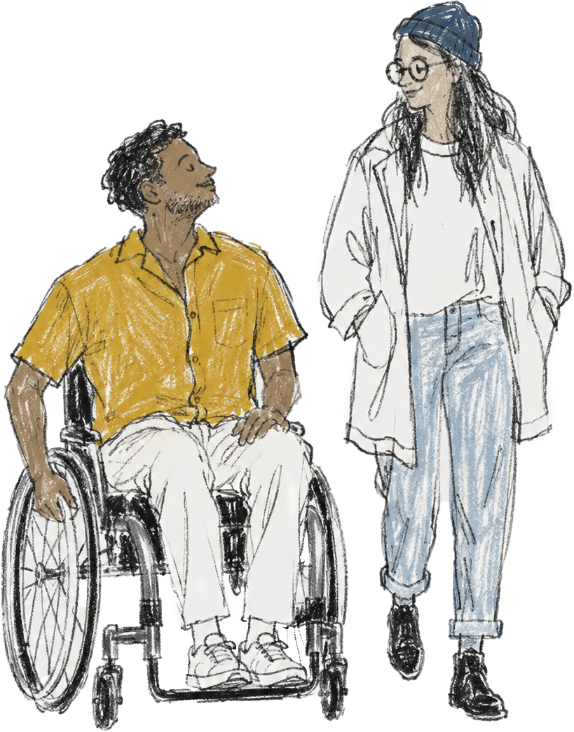 A drawing of two friends, one in a wheelchair wearing a yellow shirt and white pants, and the other standing wearing a coat, jeans, and a beanie cap, engaging in conversation.