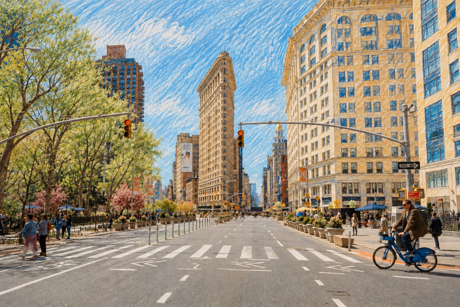 A busy city street with pedestrians walking, trees blooming, and a cyclist riding on the right side. Tall buildings line both sides of the street, and traffic lights hang overhead. The sky is blue with light clouds.
