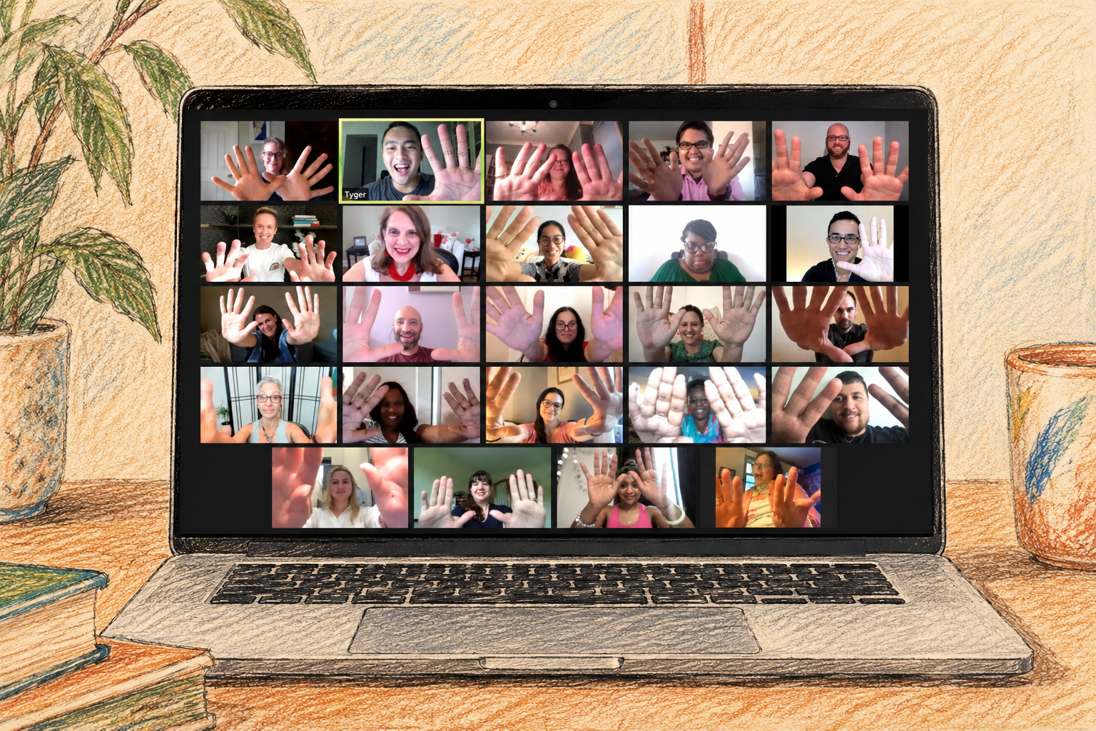 Drawing of a laptop on a desk with a virtual meeting of diverse people waving. The background includes a potted plant and books, illustrated with colored pencil textures.