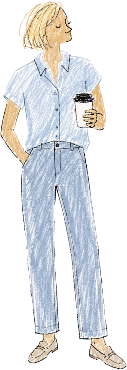 Illustration of a woman with short blond hair in a light blue short-sleeved shirt and matching pants, holding a takeaway coffee cup, standing casually.