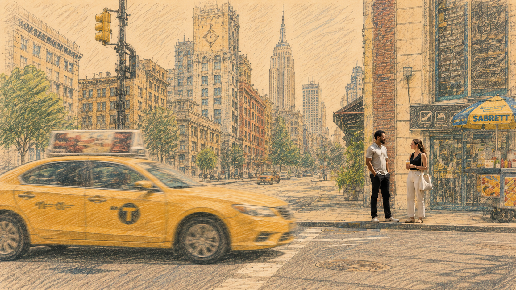 A digitally illustrated city street scene featuring a yellow taxi cab crossing in front of a couple standing on the sidewalk. The background showcases tall buildings and the Empire State Building in New York City, with a street vendor cart on the corner and trees lining the streets.