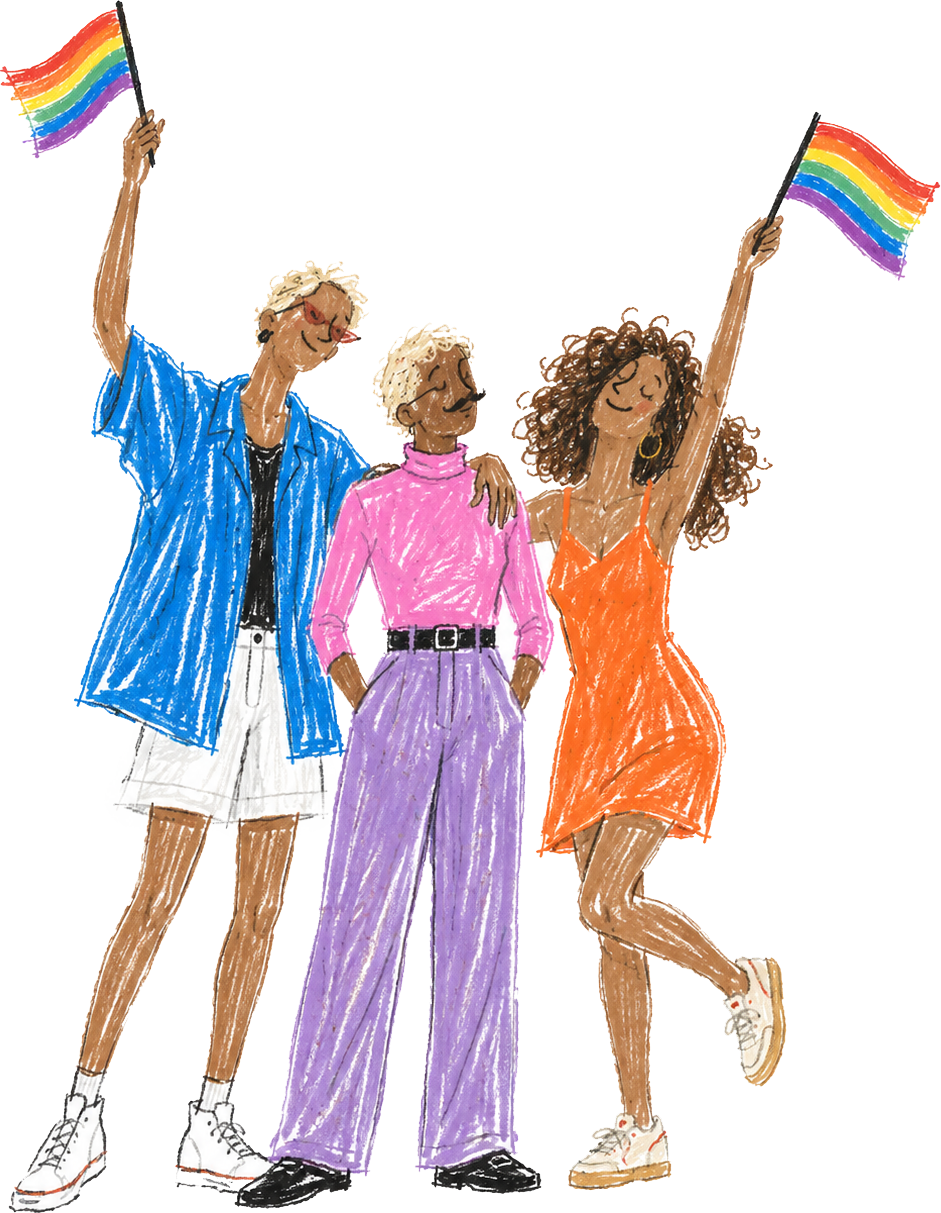 Three diverse women celebrating LGBTQ+ pride, holding rainbow flags, standing together with joyful expressions.