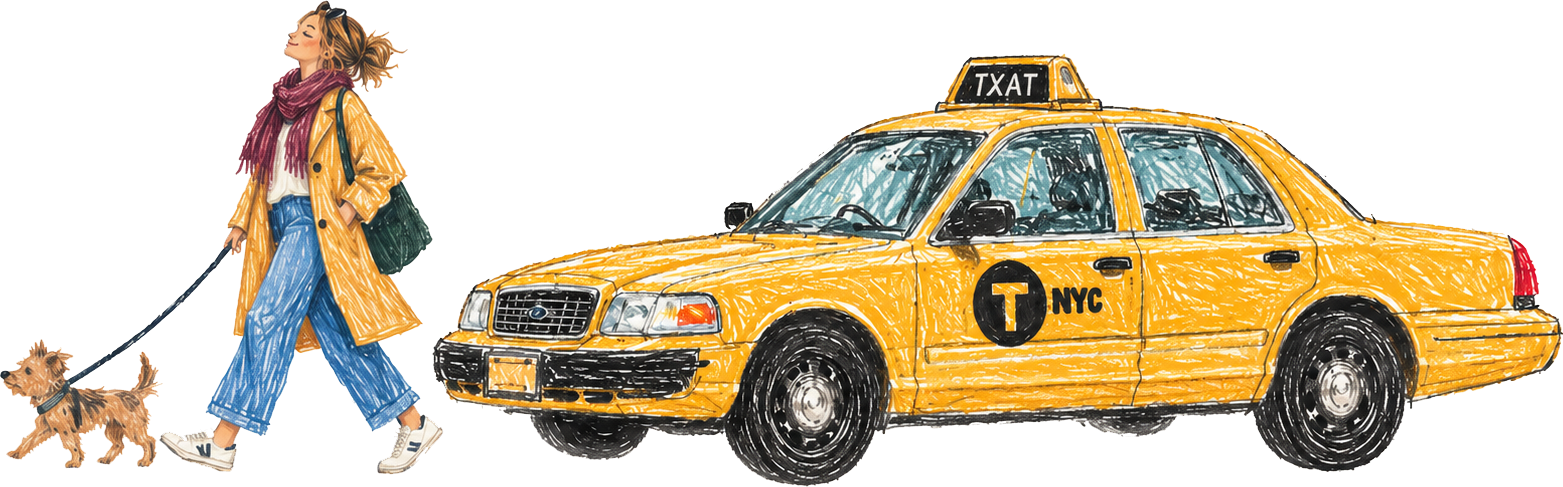 A woman walking her dog past a yellow NYC taxi cab.