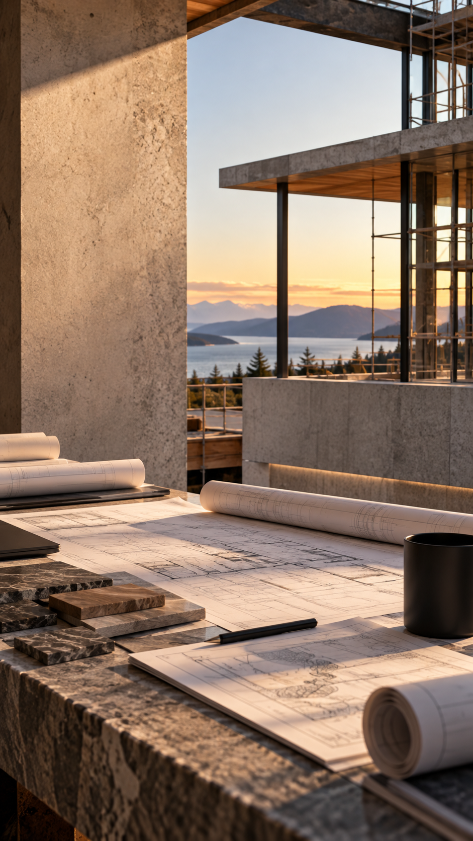 Architectural plans and material samples on a stone worktable overlooking water and mountains at sunset.