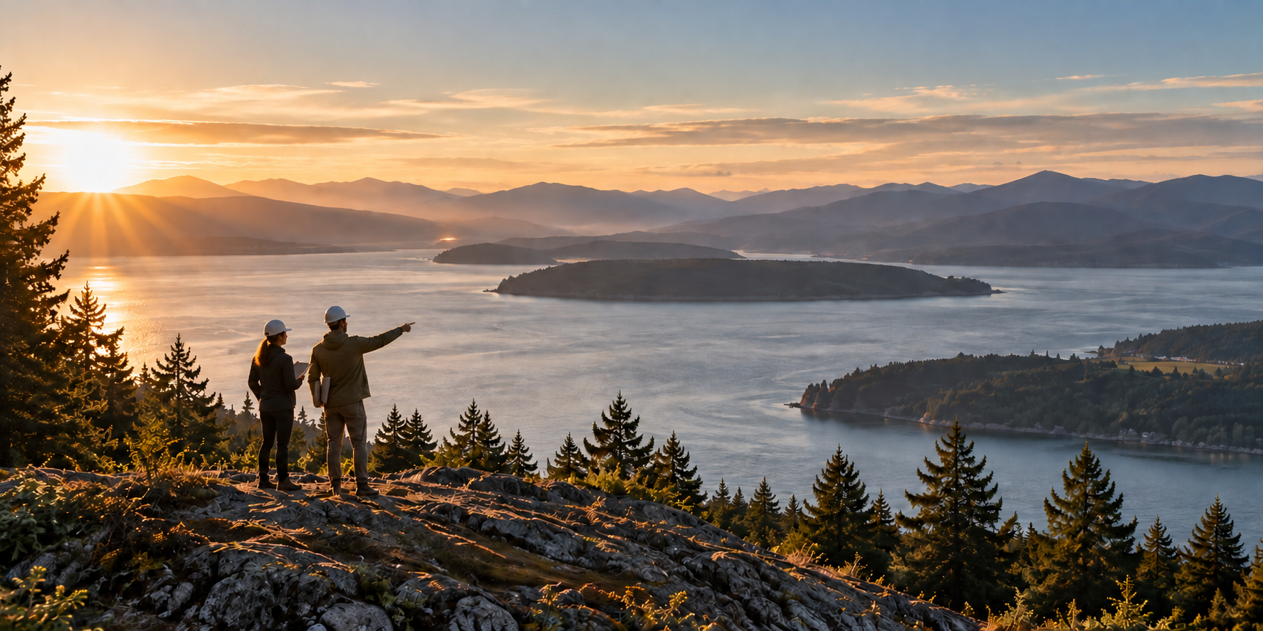 Two real estate development professionals, man and woman, in hard hats reviewing a site overlooking water and mountains.