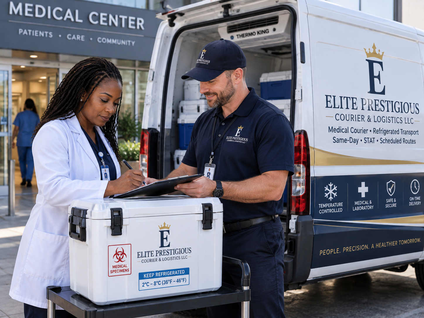 A healthcare professional and a logistics worker standing outside a medical center with a refrigerated courier truck, handling medical specimens.