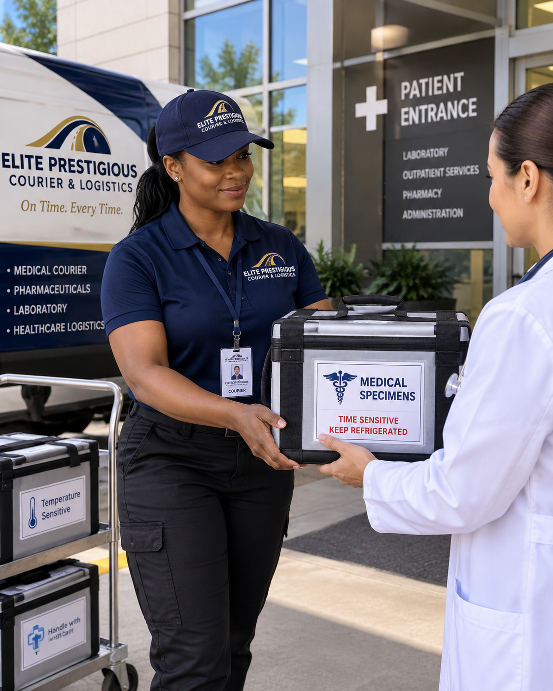 A woman in a navy blue uniform and cap handing a medical specimen box to a healthcare worker in a white coat outside a medical facility entrance.
