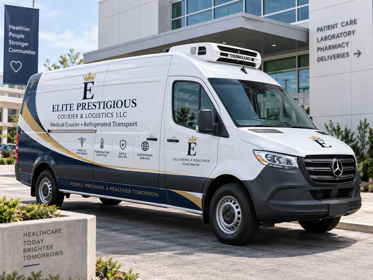 White medical courier van labeled 'Elite Prestigious Courier & Logistics LLC' parked outside a healthcare facility. The van features services like medical specimen transport, temperature-sensitive delivery, safety, security, and nationwide service. The vehicle is branded with a gold and navy stripe and the company’s logo, and a Thermo King refrigeration unit is mounted on top. A sign in the background indicates the building offers patient care, laboratory, pharmacy, and delivery services.