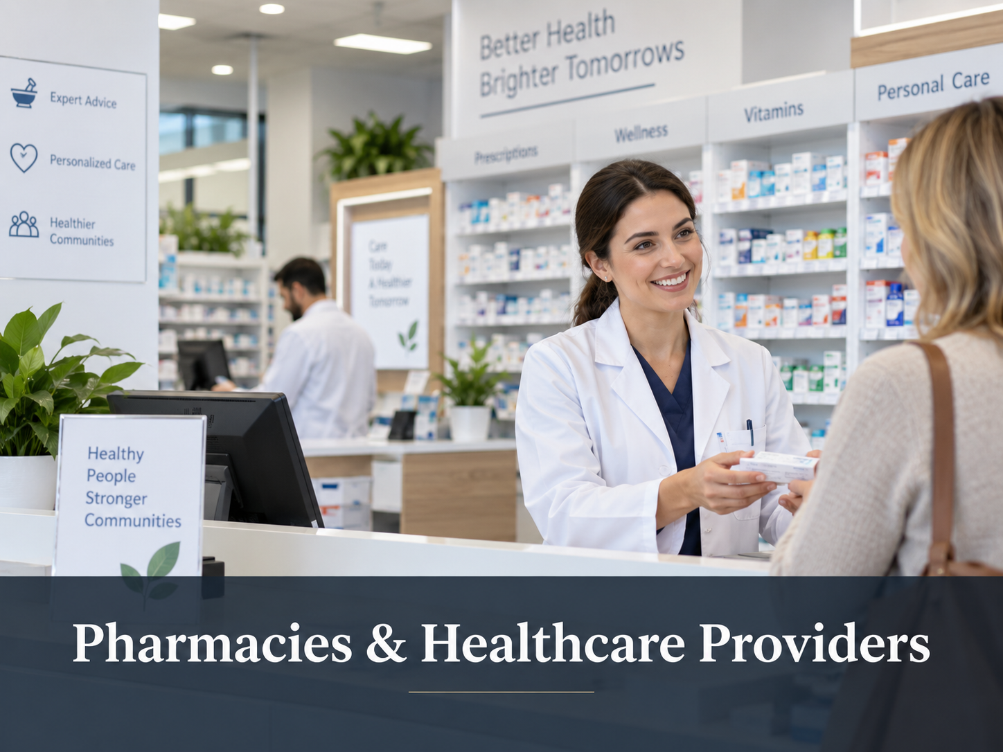 A pharmacist smiling and handing medication to a female customer at a pharmacy counter. Shelves with medications and pharmacy signage are visible in the background.