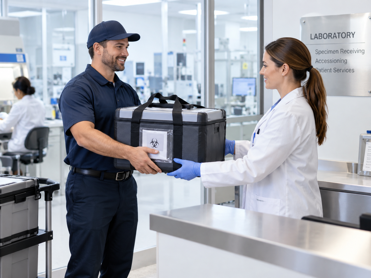A healthcare worker in a white coat and blue gloves receives a biohazard labeled specimen container from a man in a blue uniform at a hospital laboratory.