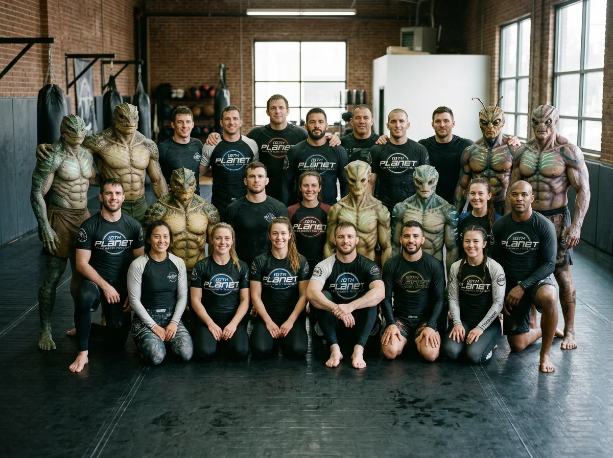 A group of mixed humans and aliens posing together in a martial arts gym with punching bags and windows in the background.