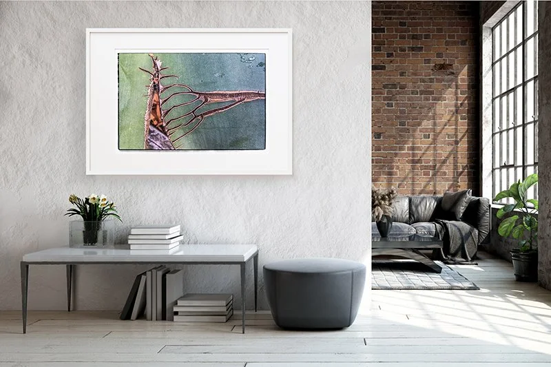 A modern living room with a white wall, a framed botanical print, a white table with books and a small plant, and a gray ottoman. In the background, there is a brick wall, a black leather couch, large windows letting in natural light, and some potted plants.