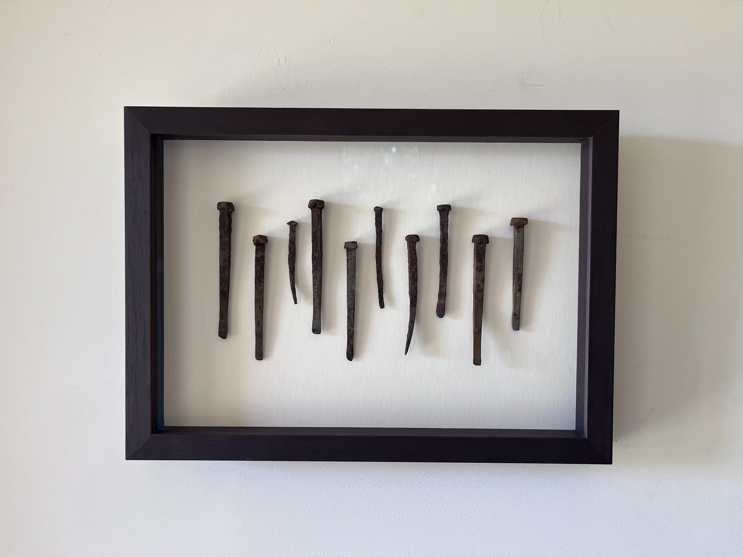 A shadow box frame displaying eight rusty old nails arranged vertically on a light-colored background.