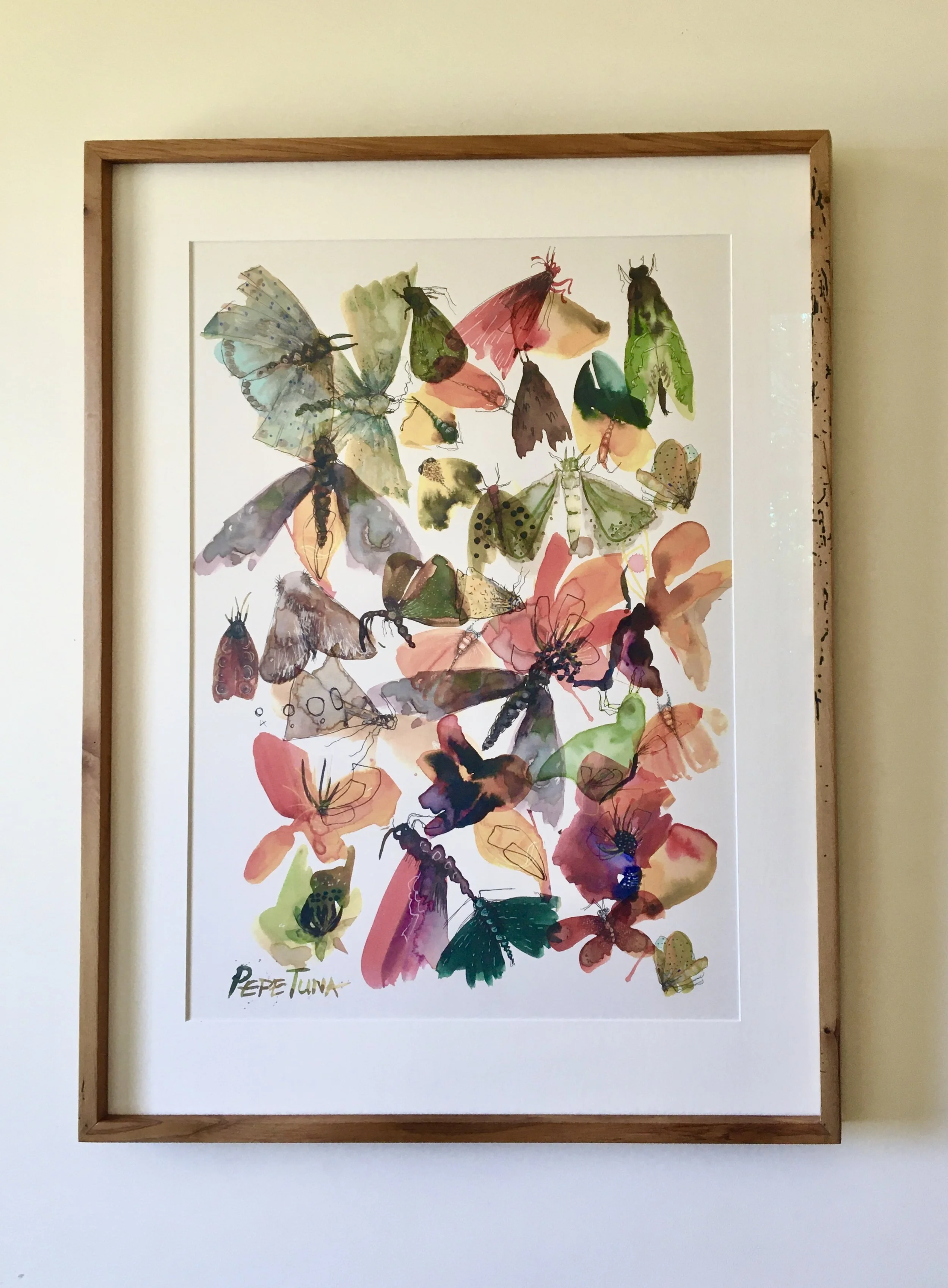 Colorful artwork featuring butterflies and flowers, framed with reclaimed Rimu.  Pepe Tuna by Kirsten Smith.