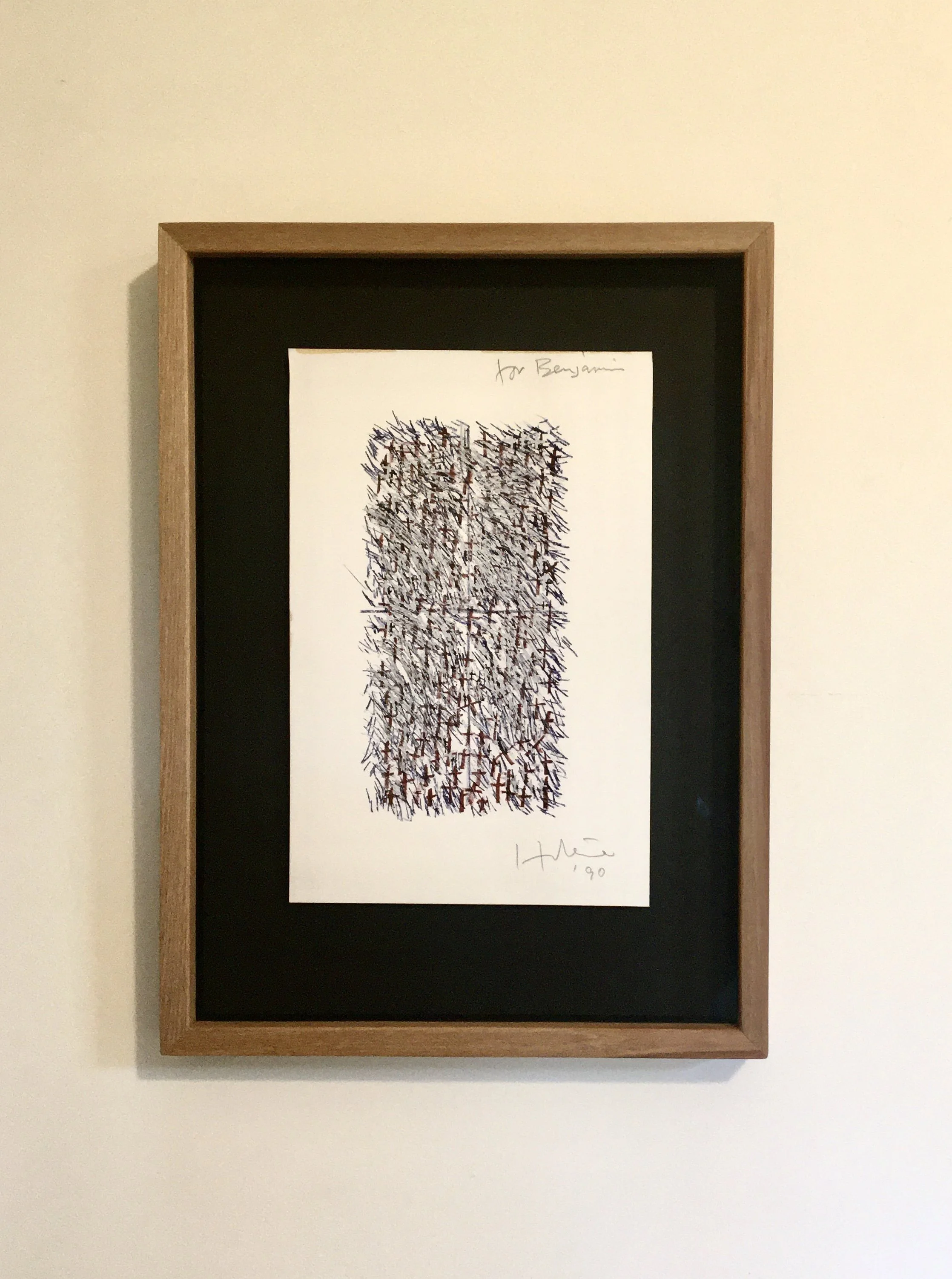 Framed artwork of a dense, abstract illustration with scribbles and lines, signed and dated 1990, by Ralph Hōtere.