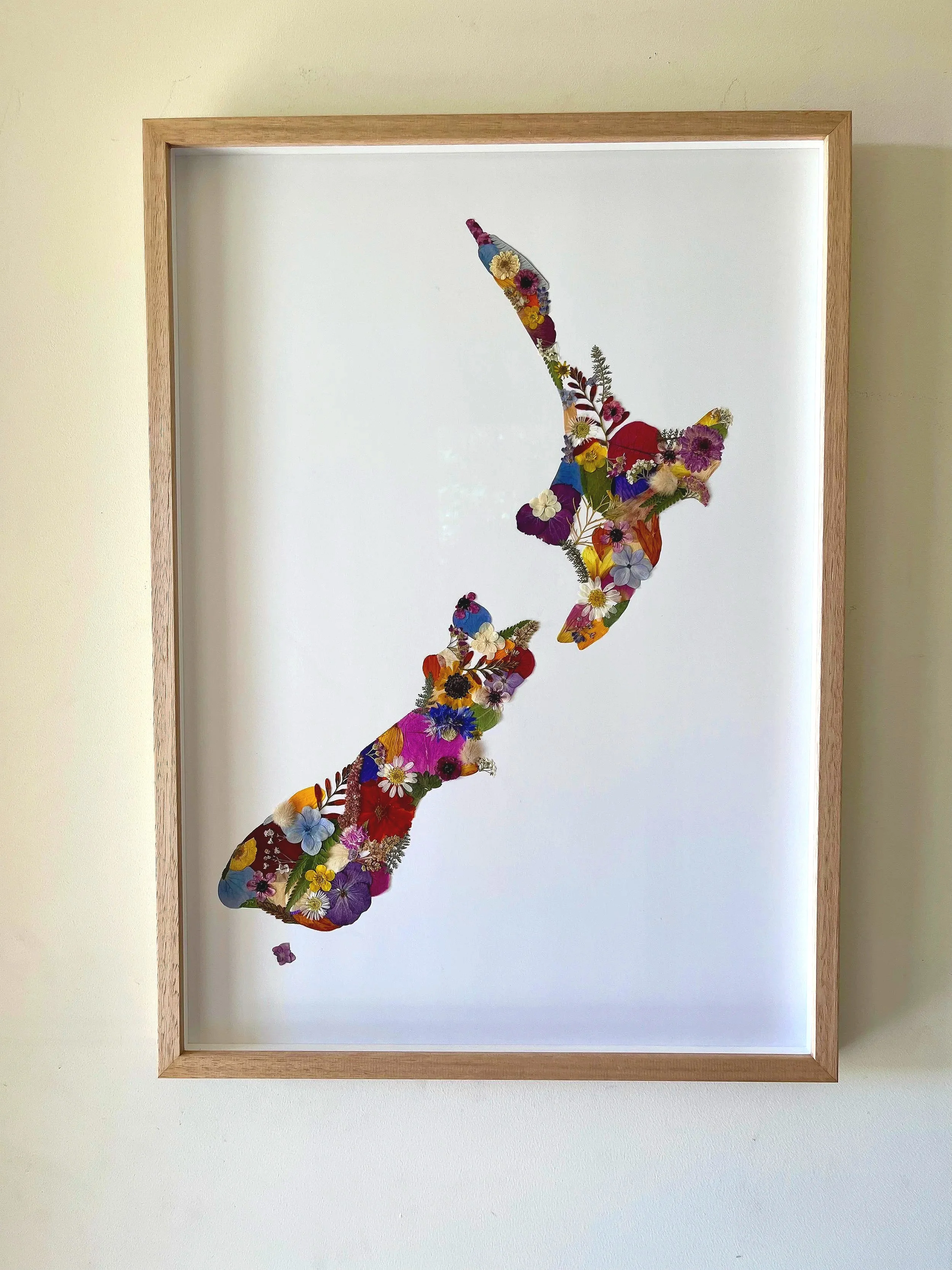 Framed original artwork by Anna Grasmik made from colorful flowers outlining a map of New Zealand on a white background. 