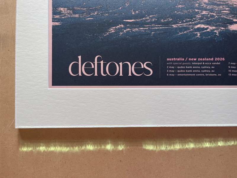 A poster advertising Deftones concerts in Australia and New Zealand in 2026, with tour dates listed.