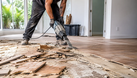 Person removing old flooring during home renovation.